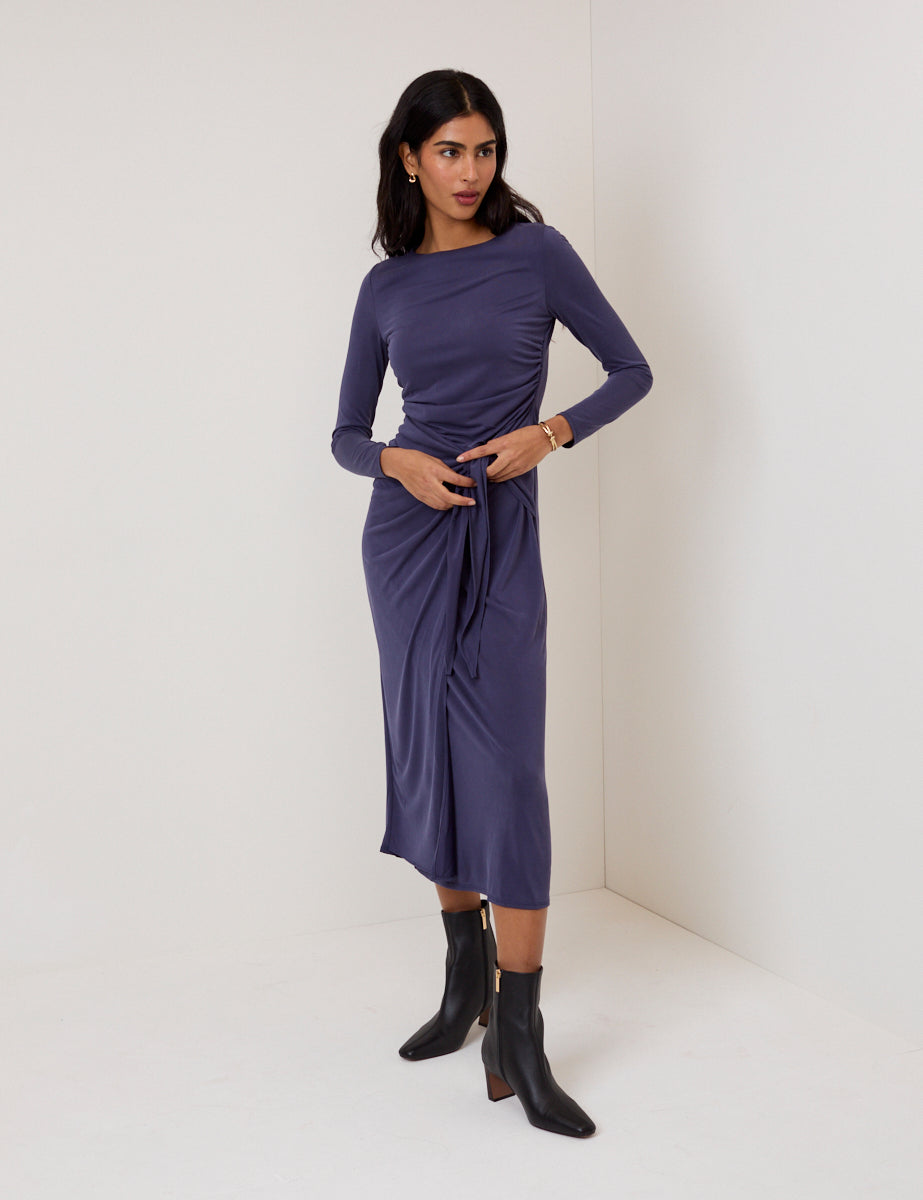 Purple Jersey Draped Laurella Midi Dress